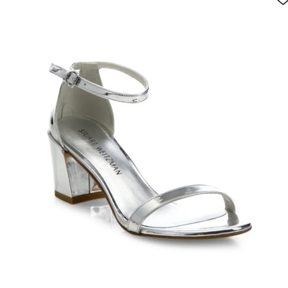 Stuart Weitzman Silver Metallic Block Heel Sandals Size 7.5